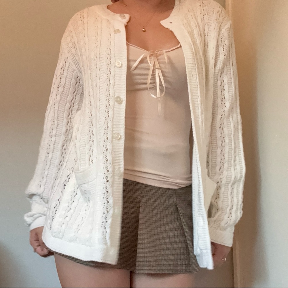 white patterned cardigan